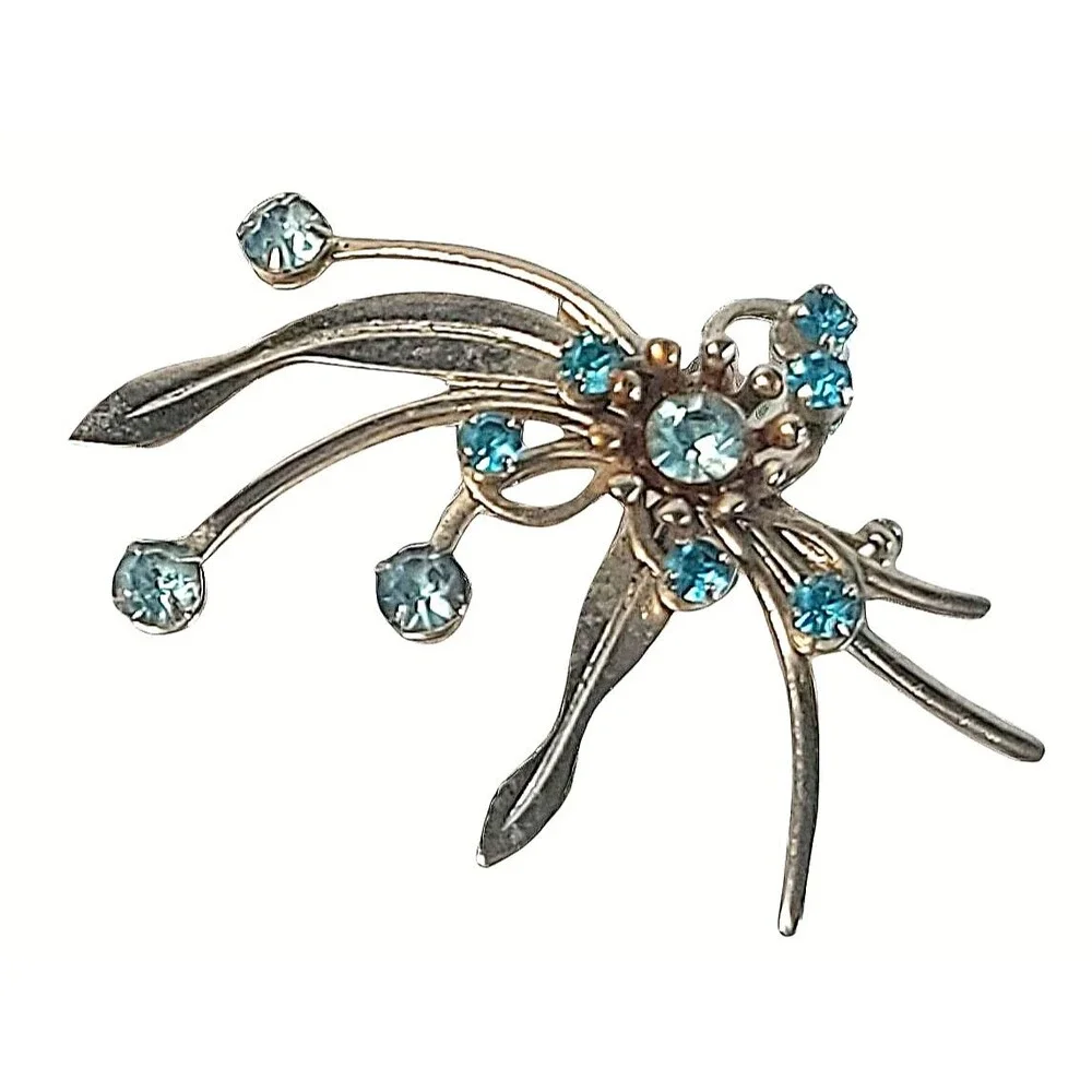 Vintage Asymmetrical AB Rhinestone Metal Flower Brooch Pin Sunburst Art Deco MCM